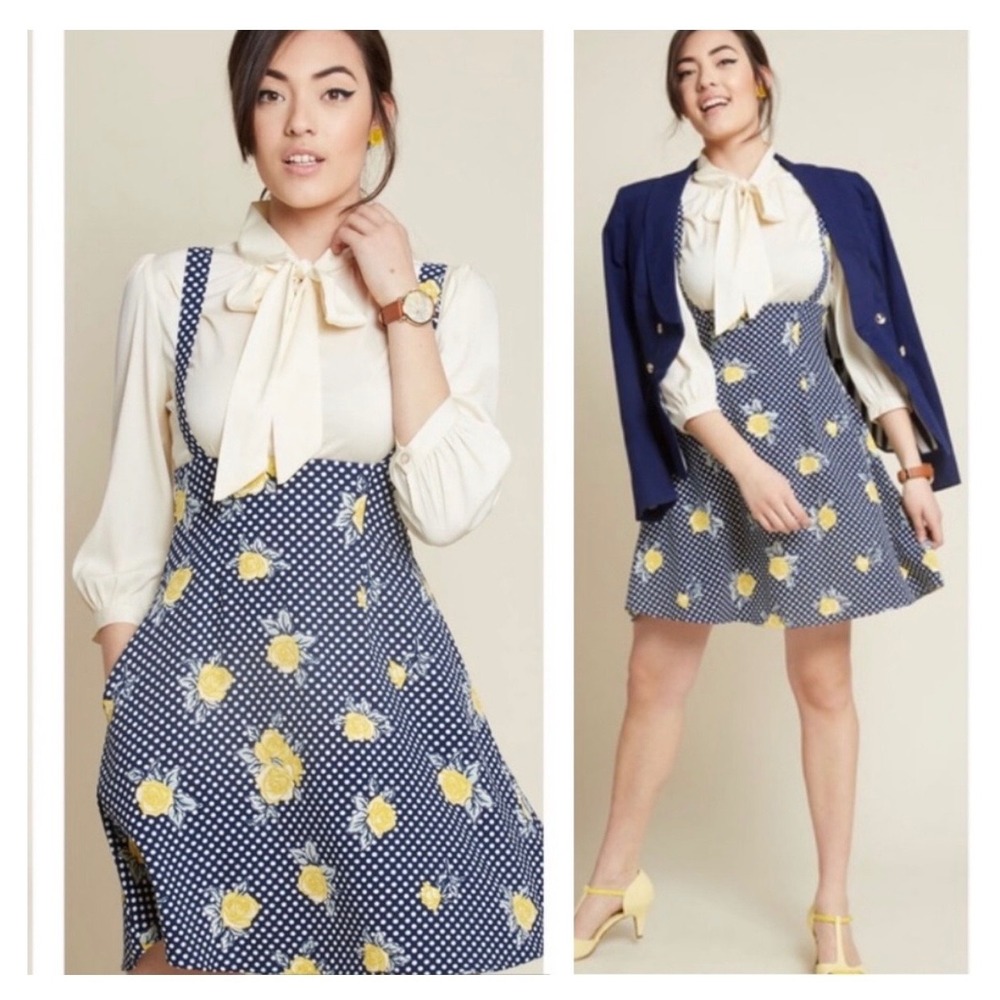 ModCloth Overall‎ Winner Navy Blue Polka Dot Yellow Rose Floral Jumper Dress SM